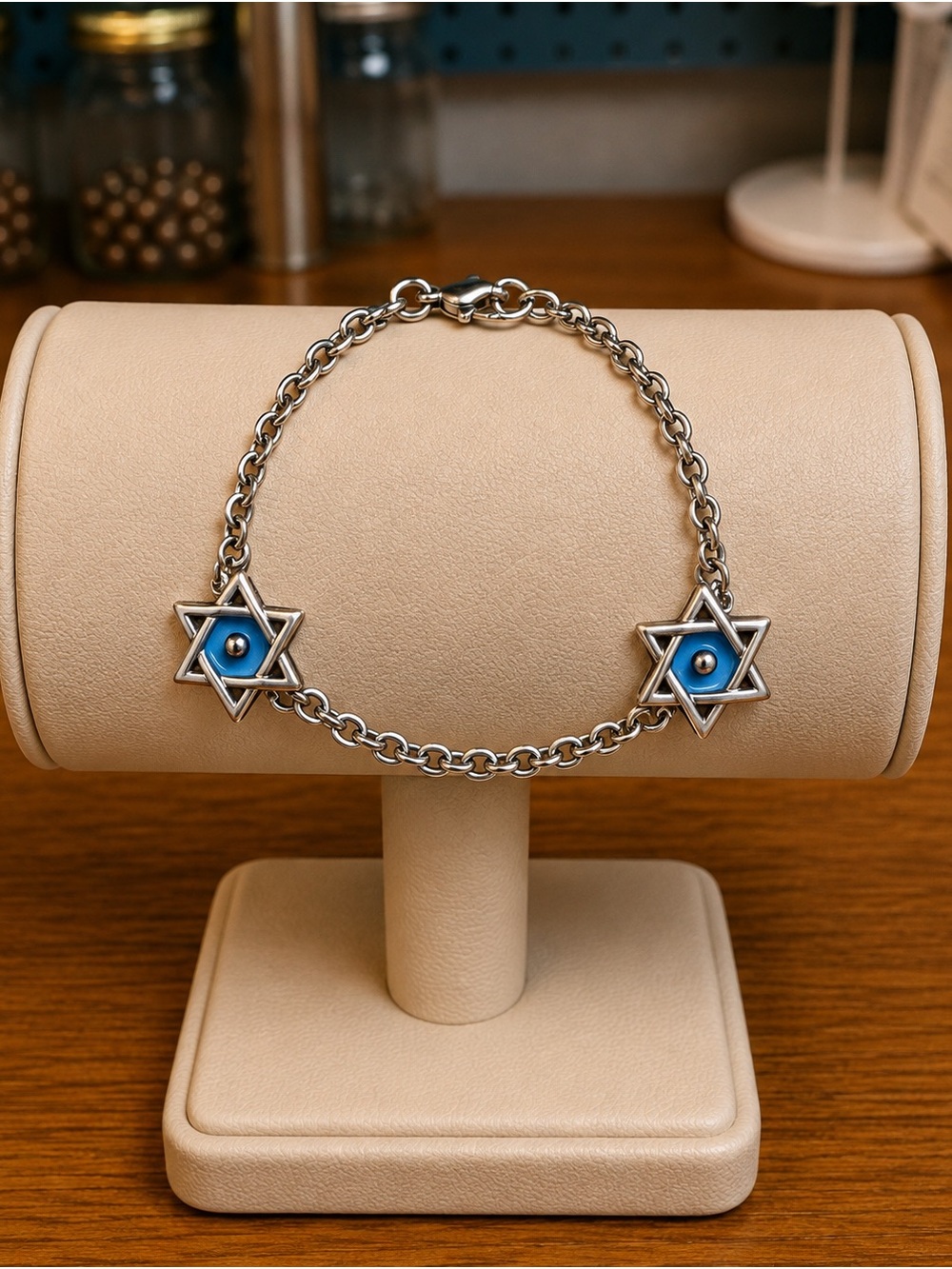 Sterling Silver 925 Star of David Bracelet with Blue Enamel Accents